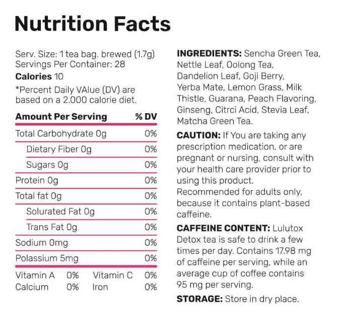 Lulutox Detox Tea Supplement Fact