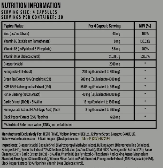 TestoPrime Supplement Facts