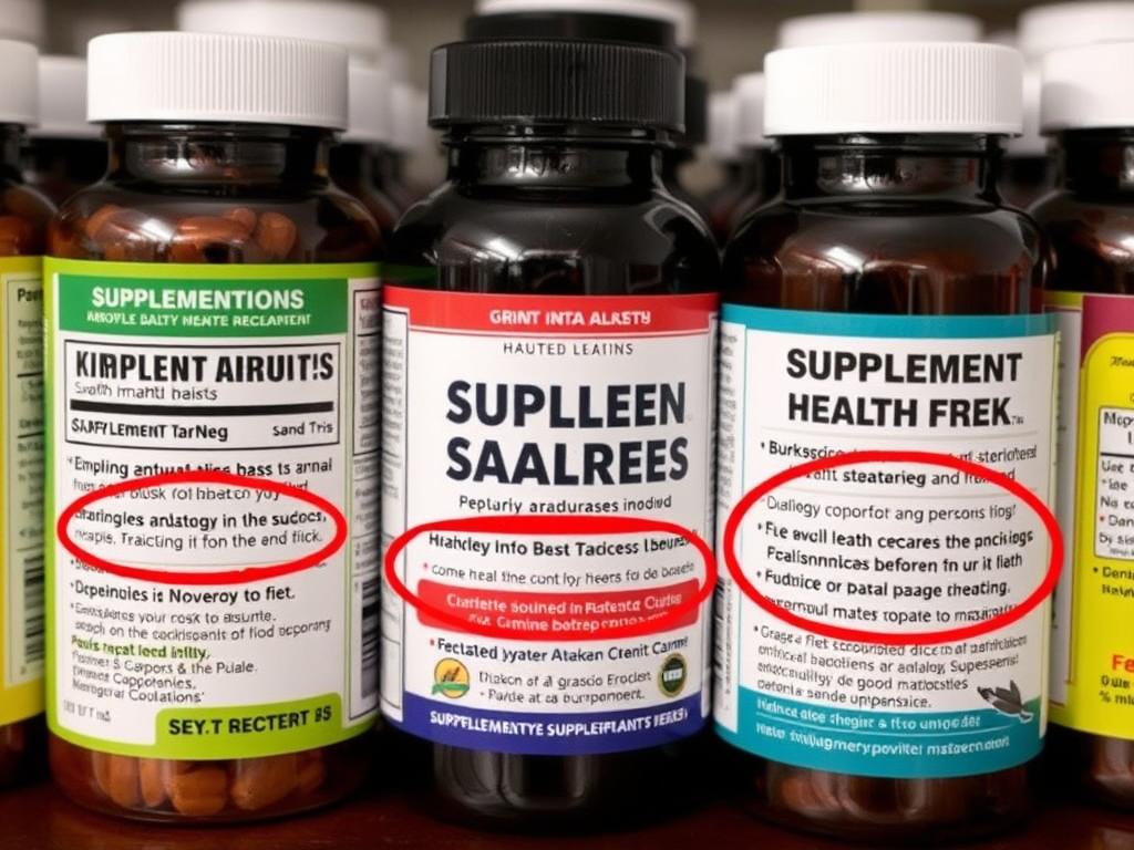 Misleading supplement labels with exaggerated claims highlighted, demonstrating the need for evidence-based dietary supplement reviews Misleading supplement labels with exaggerated claims highlighted, demonstrating the need for evidence-based dietary supplement reviews