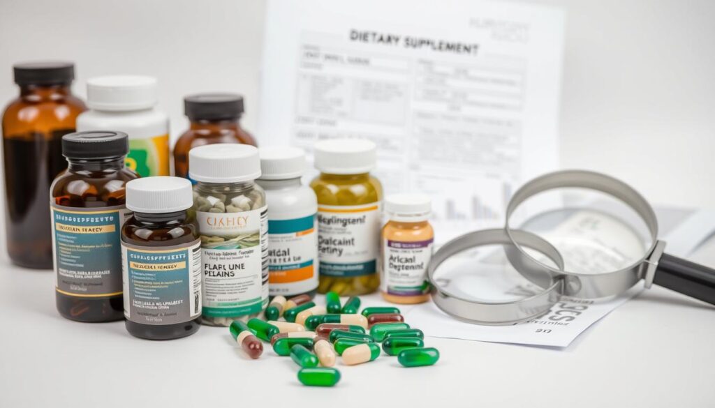 Various dietary supplements with scientific research papers and a magnifying glass, representing evidence-based dietary supplement reviews