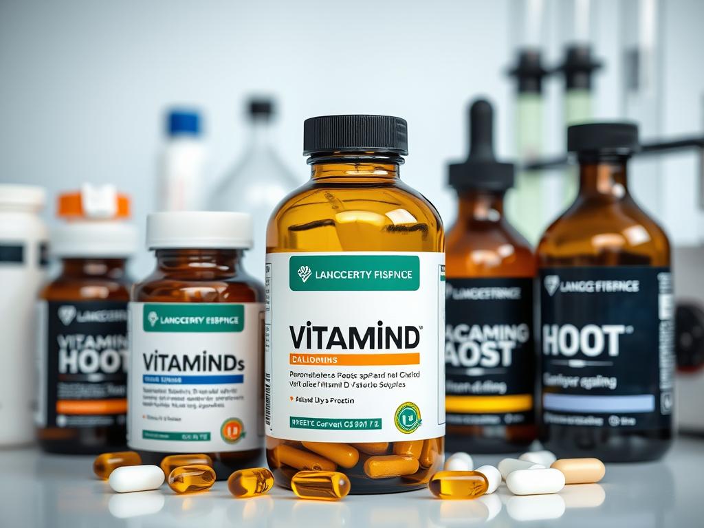 Vitamin D supplements with laboratory testing equipment, highlighting evidence-based dietary supplement reviews methodology Vitamin D supplements with laboratory testing equipment, highlighting evidence-based dietary supplement reviews methodology